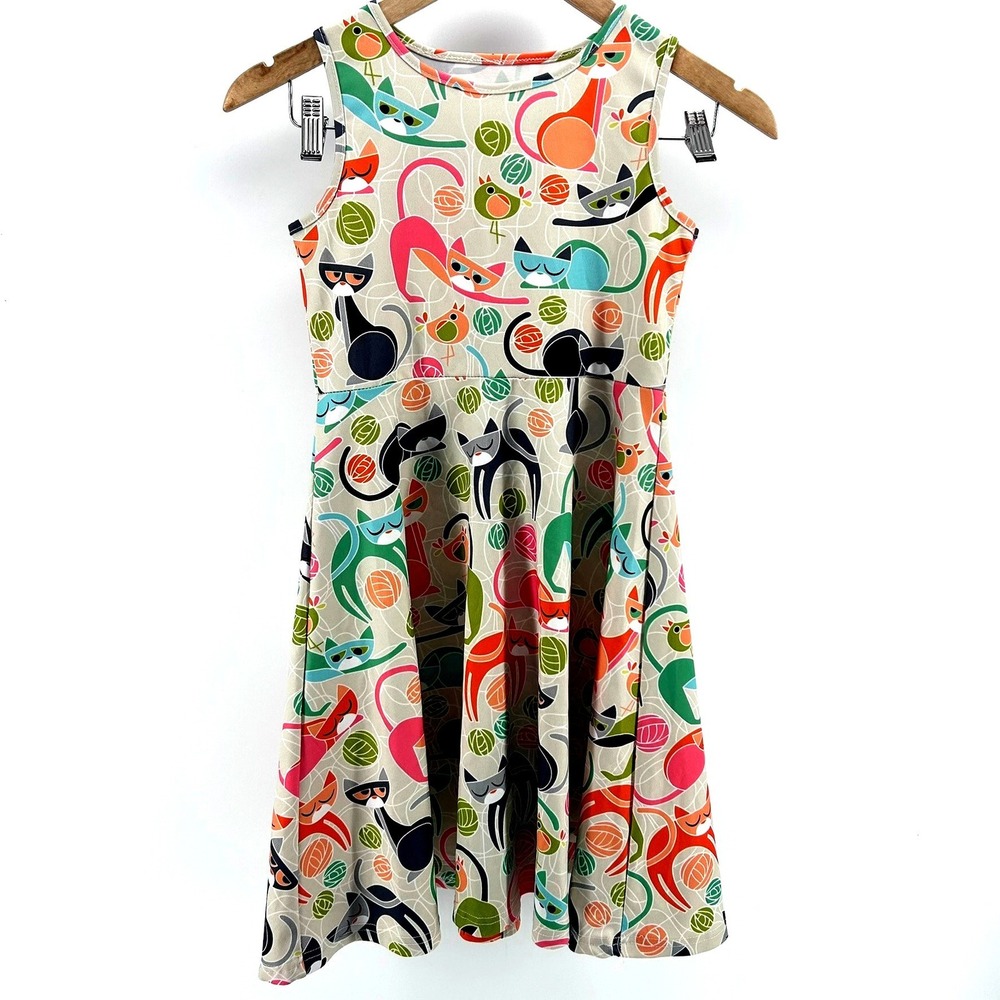 Atomic Cat Mid Century Modern Retro Skater Dress Sleeveless Novelty Print Kids L - Picture 2 of 3